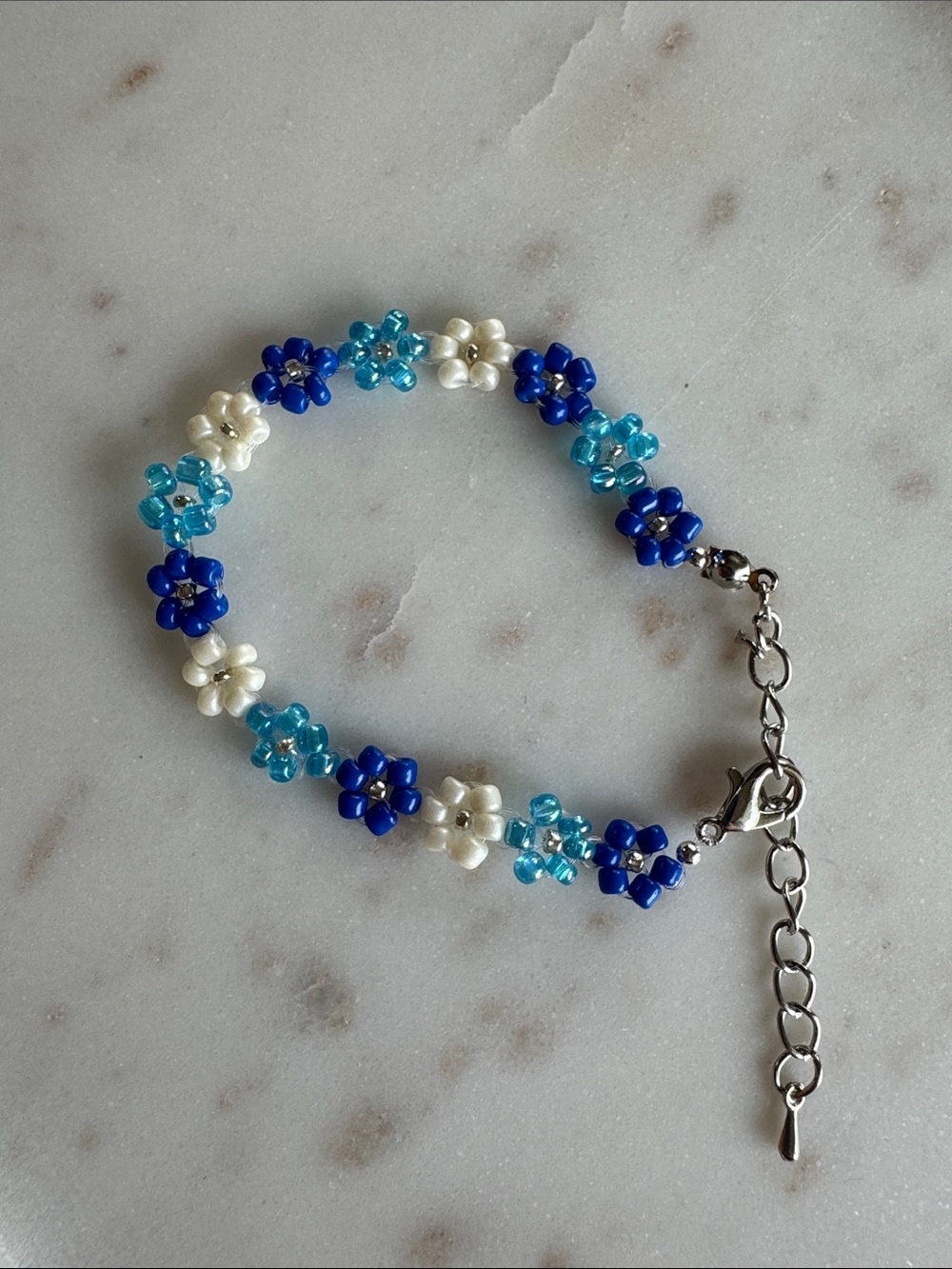 Blue and White Floral Bead Bracelet - Women Jewelry